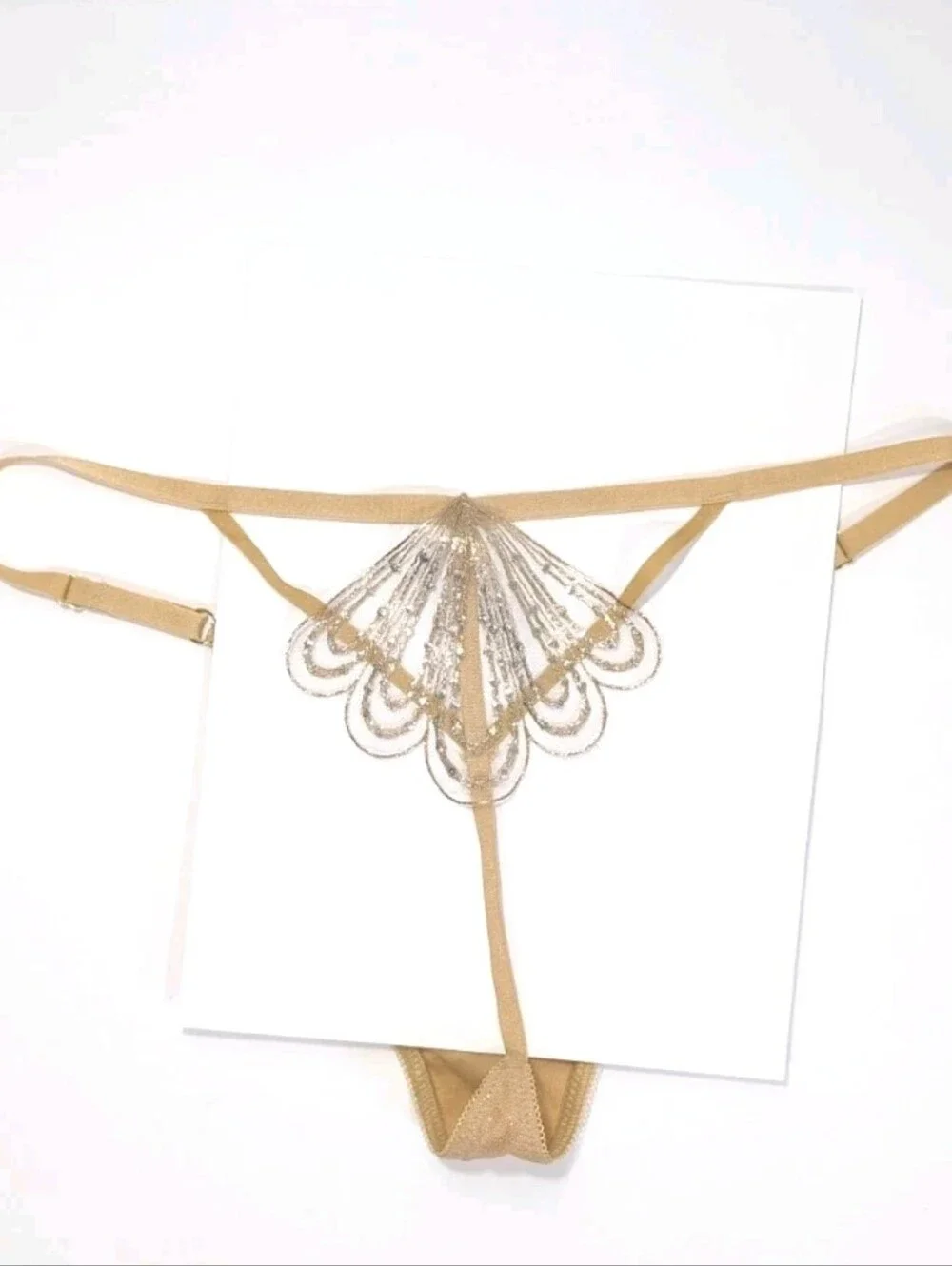 Victoria's Secret Very Sexy Showgirl V String Thong Large Embroidery Panty gold